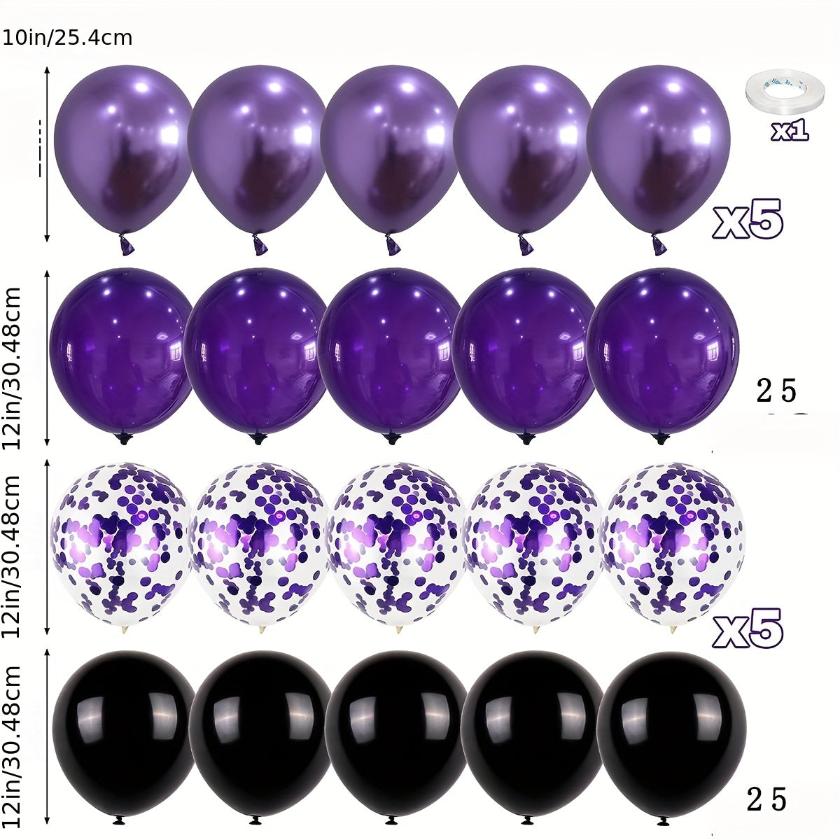 61pc Purple Balloon Set - 30 Confetti Balloons, 25 Metallic Balloons, Ribbon