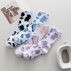 4 Pairs Cow Spot Pattern Socks Comfy & Breathable Mid Tube Socks