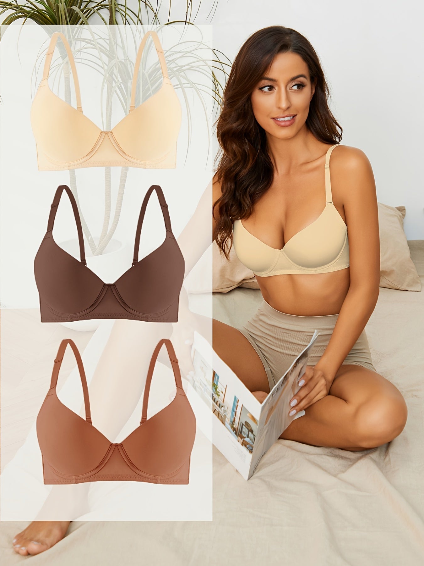 3pack Solid Underwire Push Up Bra Set For Women