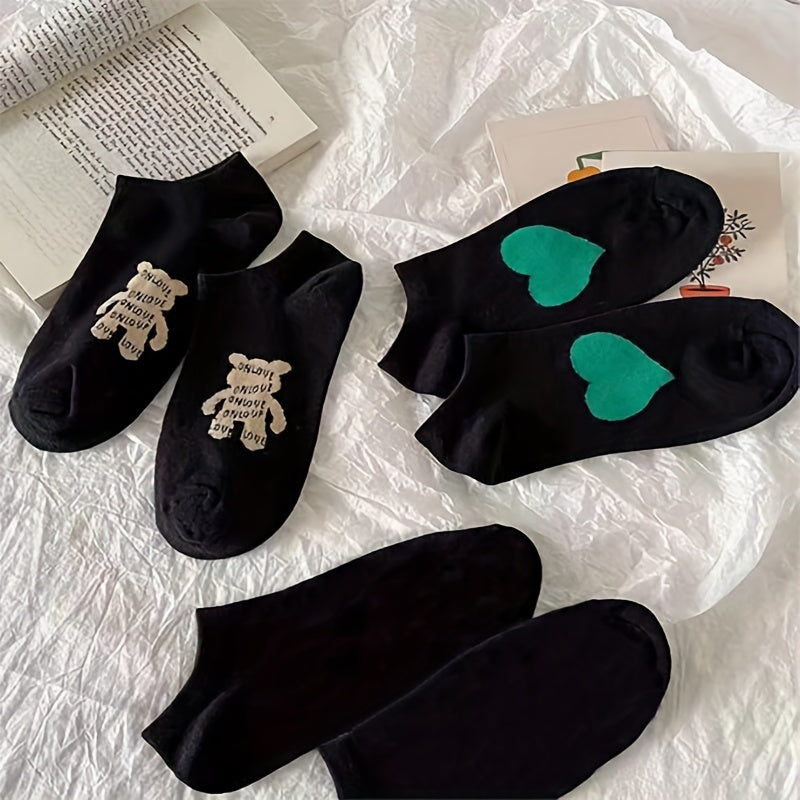 5 Pairs Heart & Bear Print Low Cut Ankle Socks Women's Stockings