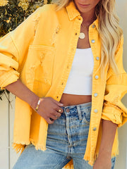 Yellow Ripped Holes Denim Jacket Long Sleeves Fringe Trim Distressed Denim Coat