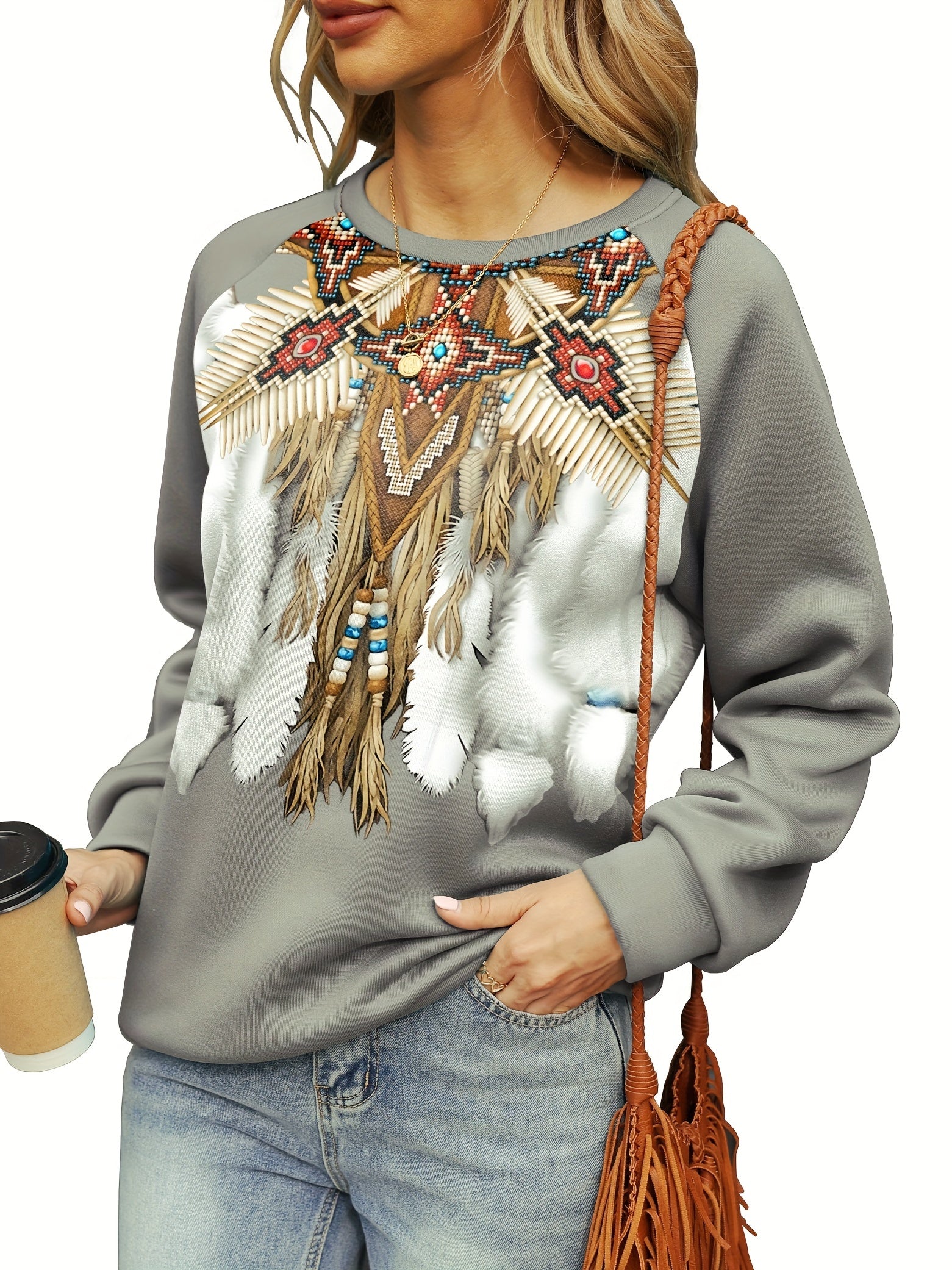 Graphic Print Pullover Sweatshirt Long Sleeve Crew Neck for Women