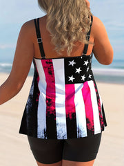 Flag Print Tankini Set Round Neck Cami Top & Shorts Swimsuit Two Piece