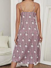 Cute Rabbit Print Slip Dress Vertical Striped Sleepwear Women's Casual Nightgown