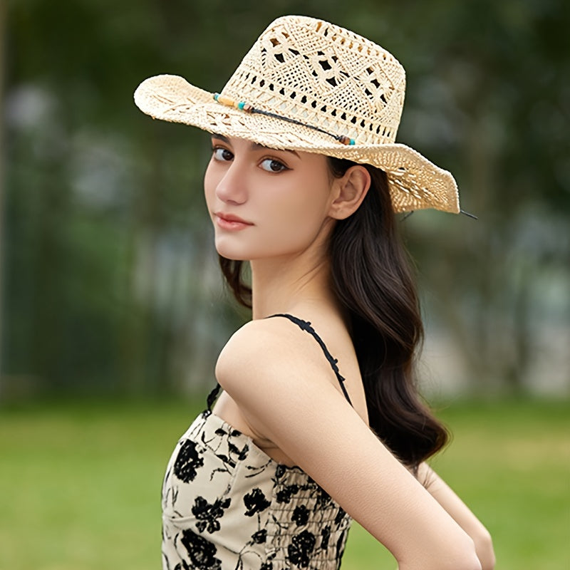 Khaki Straw Cowboy Hat Beads Chain Summer Travel Sun Hat