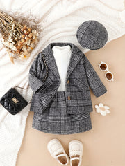 Baby Girl Plaid Blazer & Skirt & Pullover Top Set