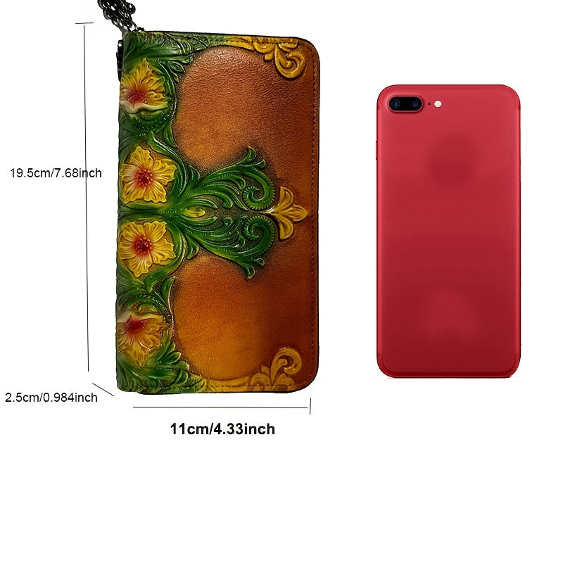 Vintage Floral Print Leather Women's Wallet with Wrist Strap Red