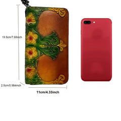 Vintage Floral Print Leather Women's Wallet with Wrist Strap Red