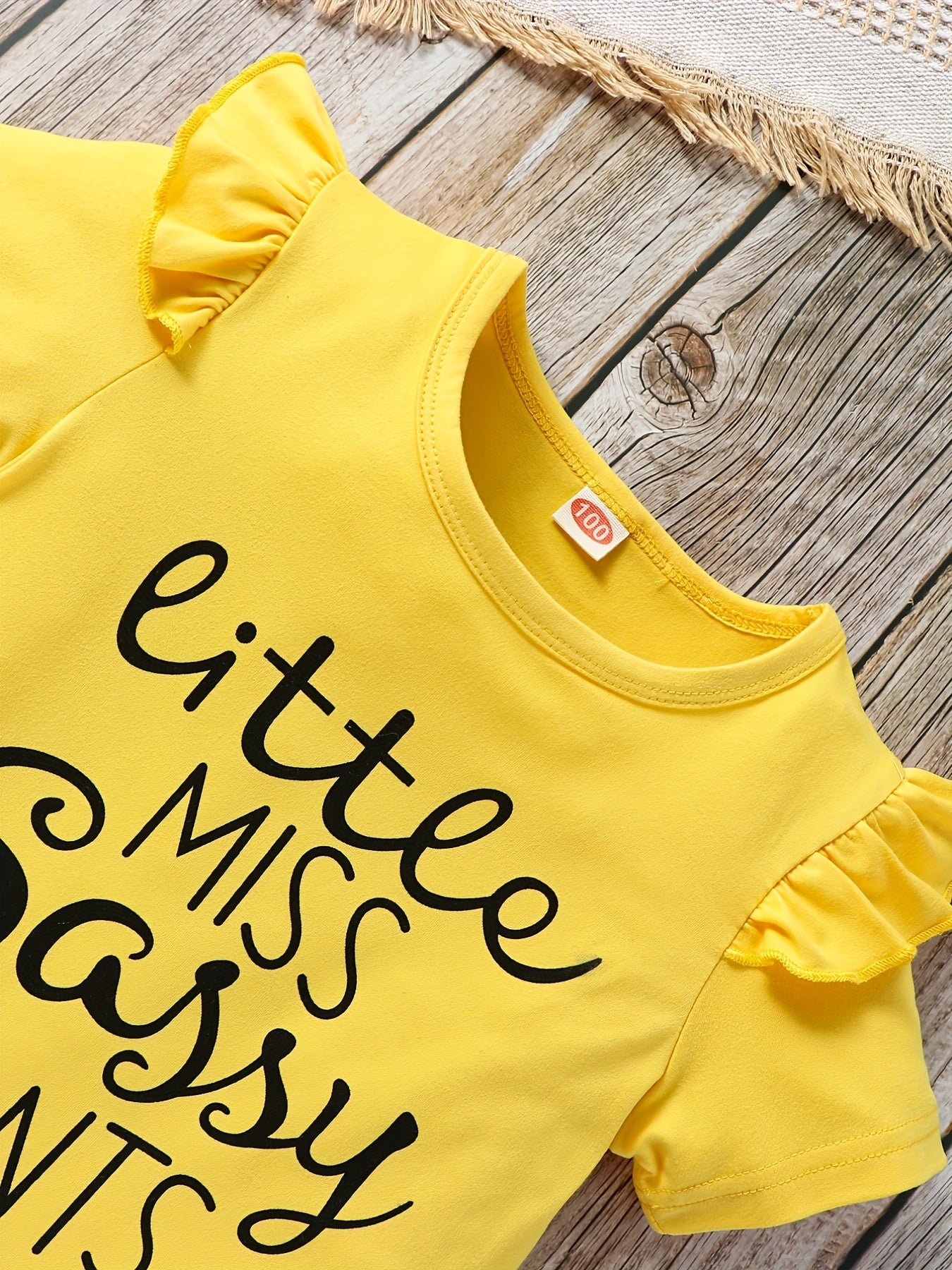 2pcs Toddler Girls LITTLE MISS SASSY Ruffle Trim T Shirt & Sunflower Pants Set