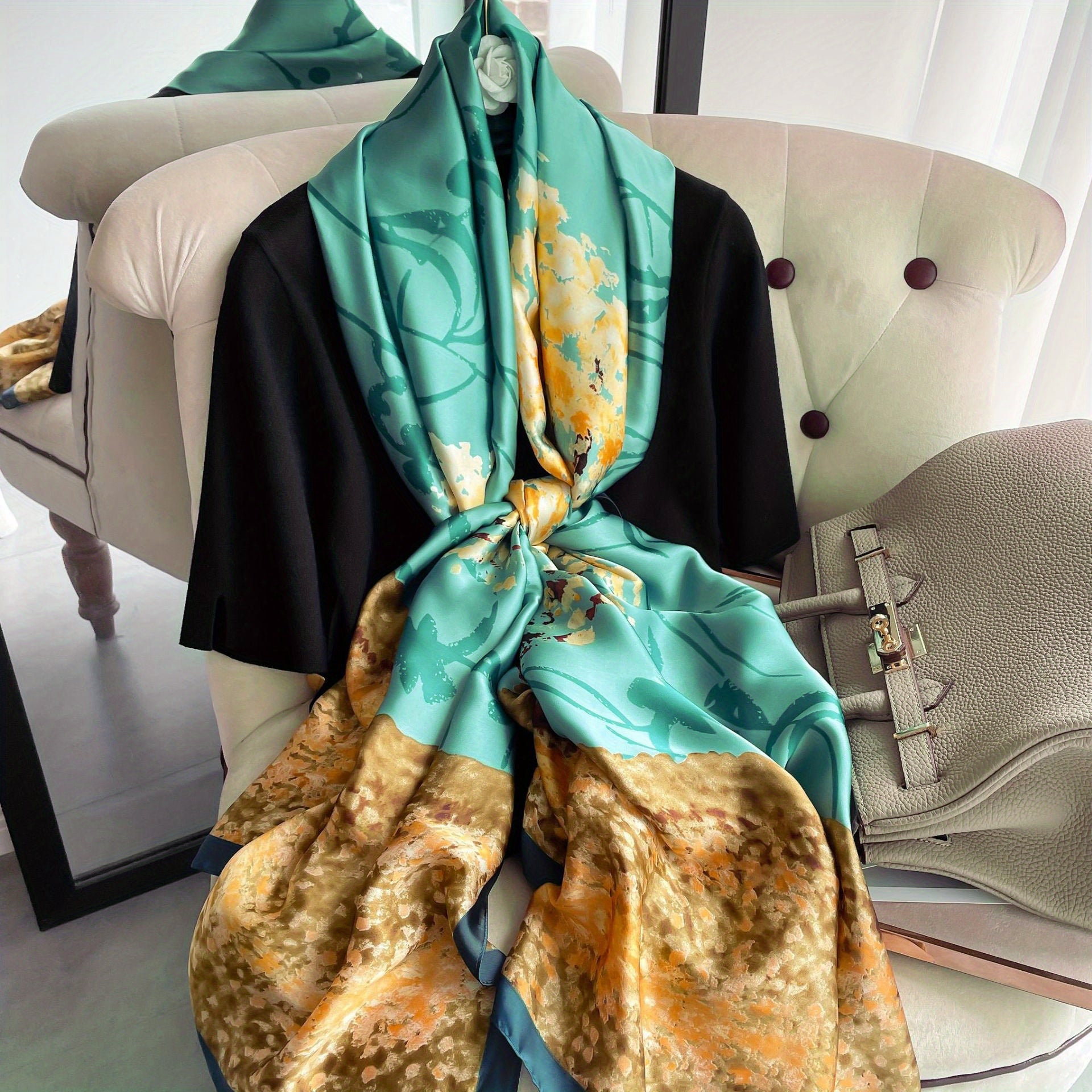 Bohemian Fallen Leaves Print Satin Scarf