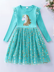 Princess Unicorn Sequin Long Sleeve Fall Dress Kids Birthday Party Wedding Tulle