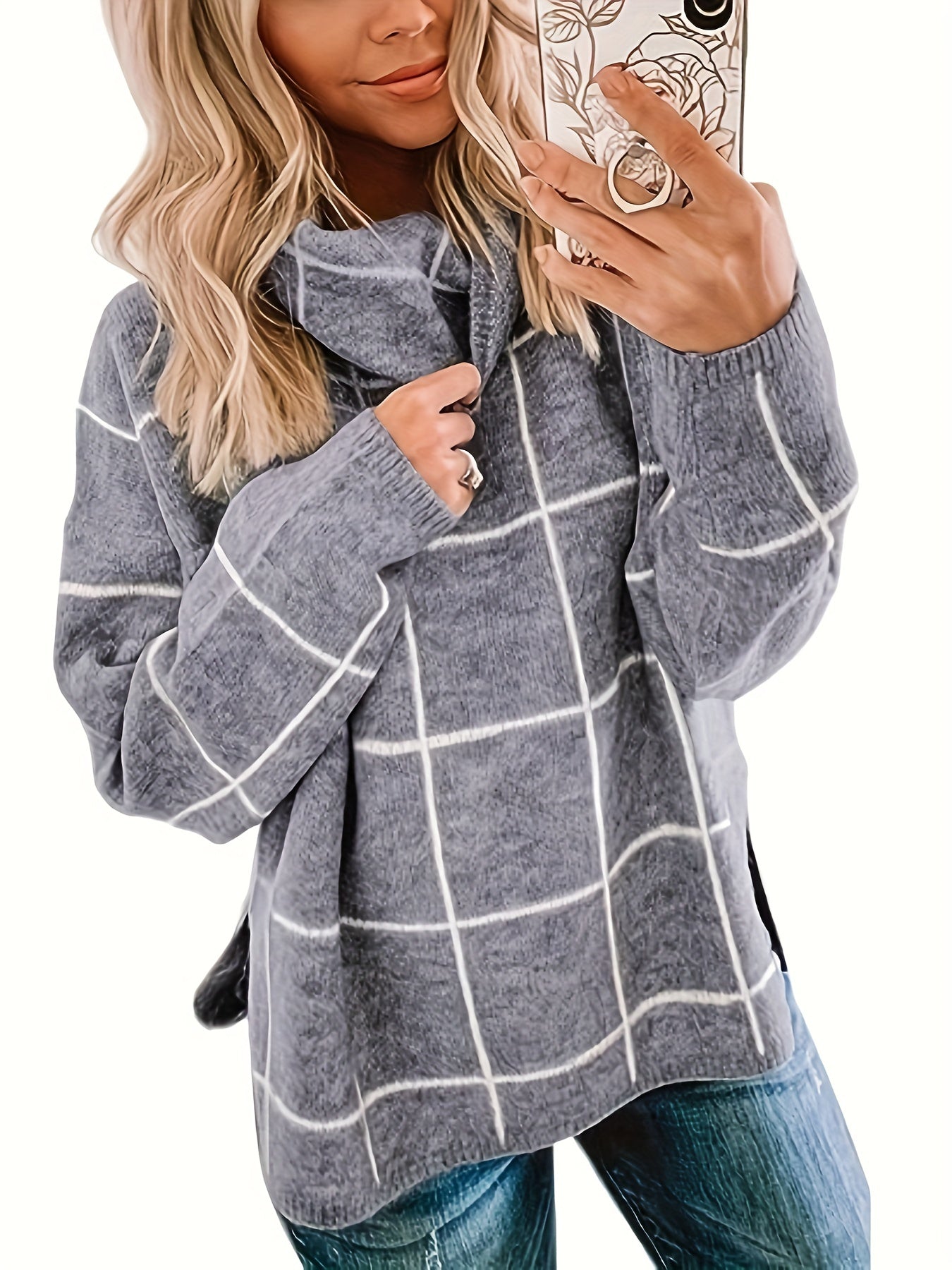 Grid Print Turtleneck Sweater Women's Long Sleeve Jumper