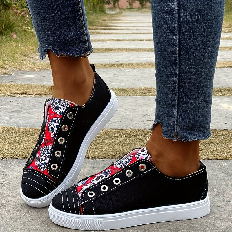 Halloween Skull Pattern Slip On Skate Shoes Lightweight Canvas Sneakers