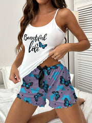 Butterfly Print Pajama Set Crew Neck Cami Top & Bow Shorts
