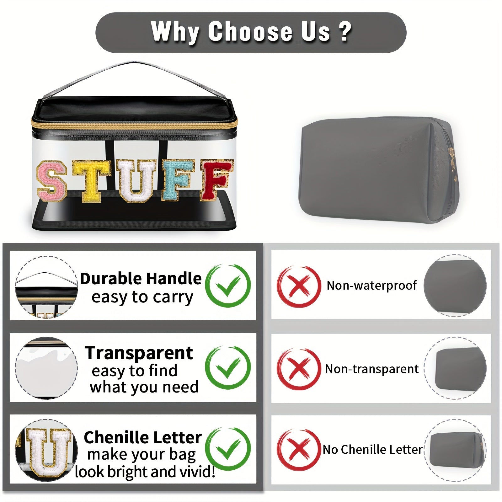 Chenille Letter Clear Makeup Bag Glitter Cosmetic Handbag