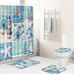 Waterproof Sailboat Starfish Shower Curtain Set with Non Slip Rug