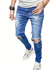 Slim Fit Ripped Jeans Men's Casual Street Style Distressed Mid Stretch Denim Pan