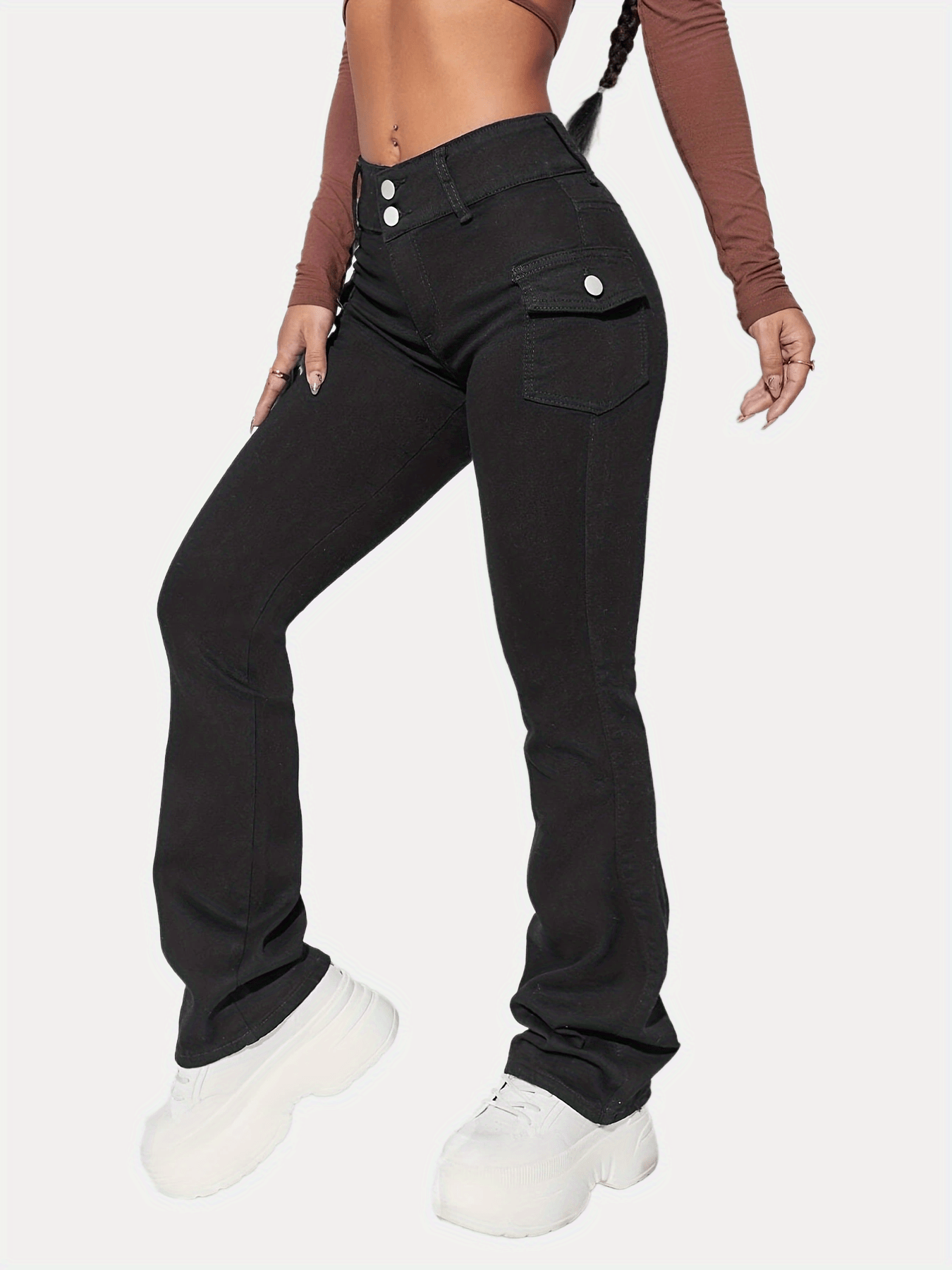High Waist Flap Pockets Flared Legs Denim Pants