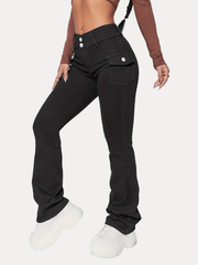 High Waist Flap Pockets Flared Legs Denim Pants