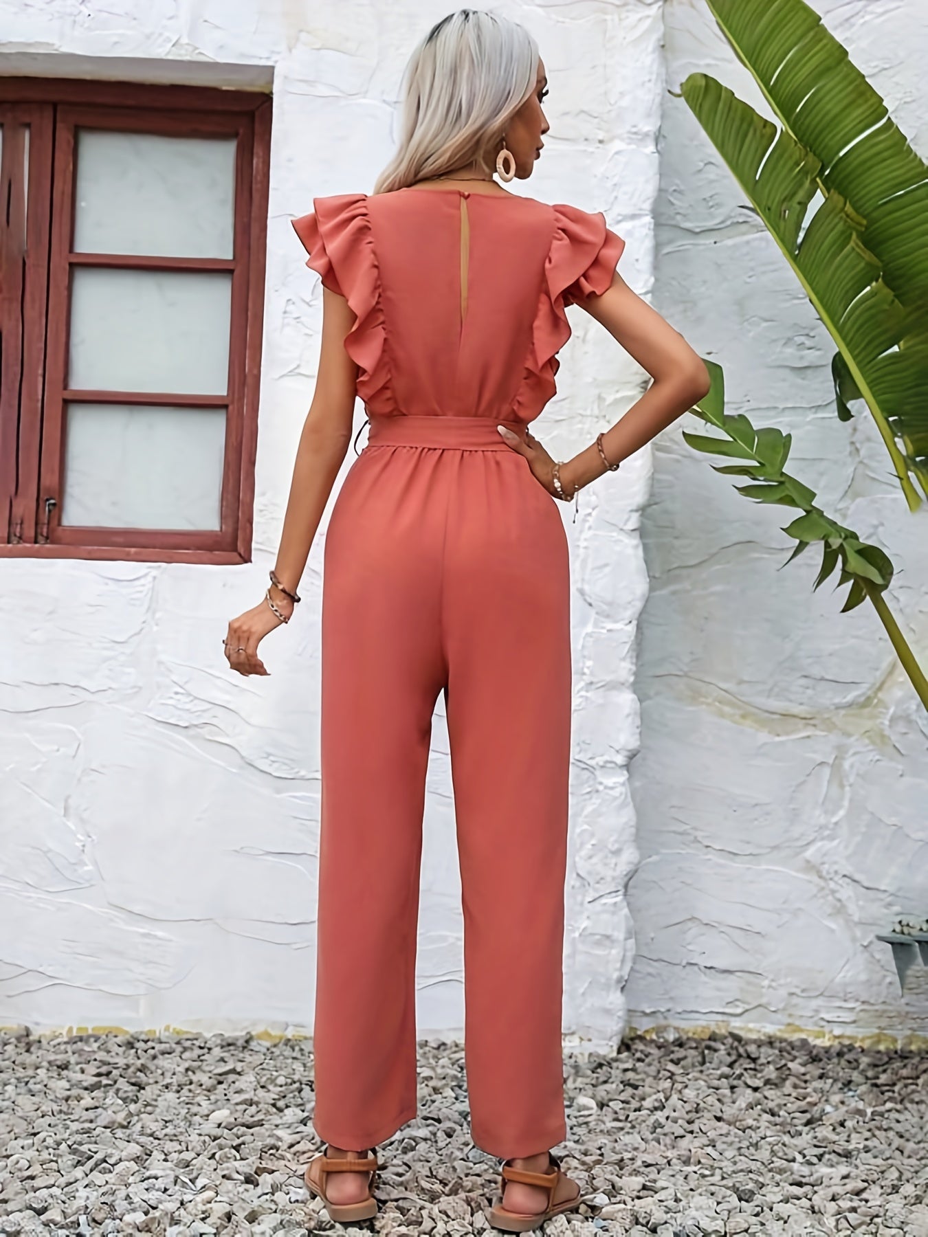 Ruffle Trim Tie Waist Jumpsuit Solid V neck Straight Leg Jumpsuit