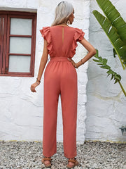 Ruffle Trim Tie Waist Jumpsuit Solid V neck Straight Leg Jumpsuit