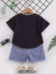 Boys Cartoon Whale Casual Outfit Round Neck T shirt & Striped Shorts
