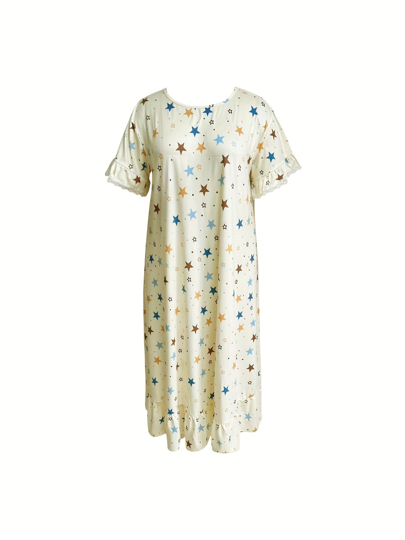 Star Print Lounge Dress with Ruffle Trim
