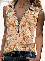 Baroque Print Half Zip Top Shirt Collar Sleeveless Casual Top