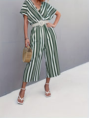 Striped Surplice Neck Belted Jumpsuit Casual Batwing Sleeve Jumpsuit