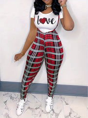 Women's Letter & Plaid Print Top & Jumpsuit Set
