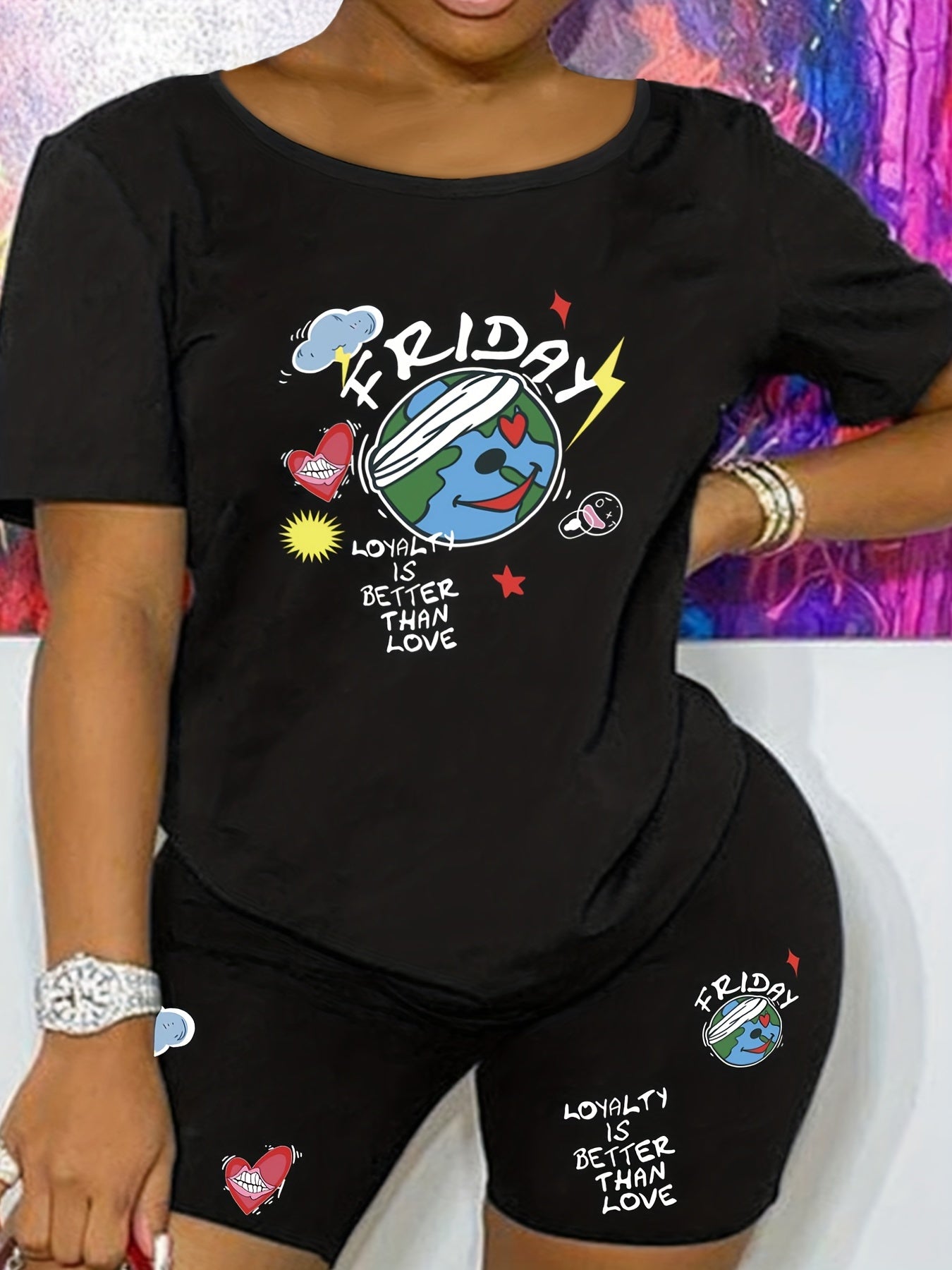 Cartoon Print Casual Two-piece Set Tee & Shorts Outfit