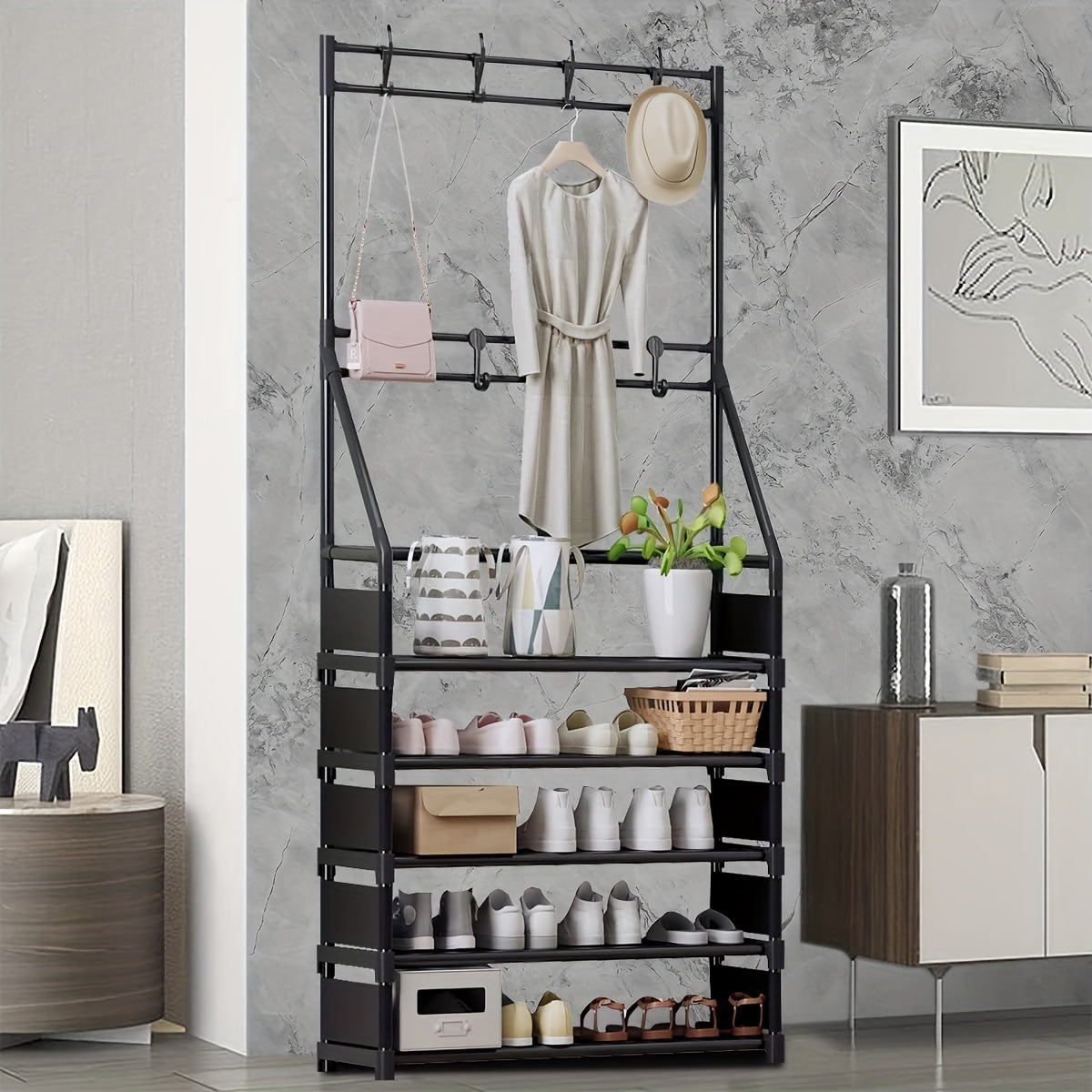 Entryway Coat Rack with Shoe Storage Shelves