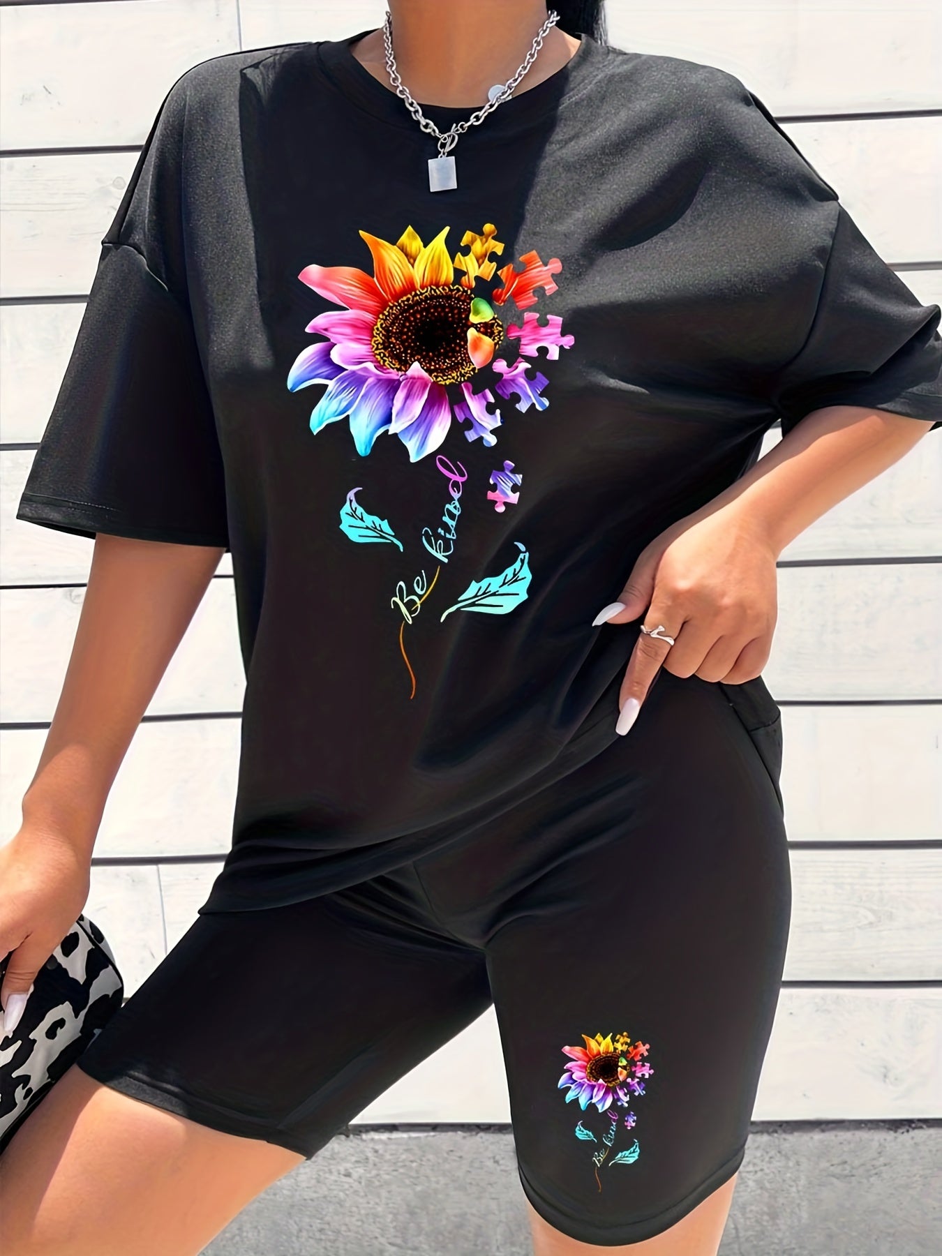 2pcs Sunflower Crew Neck Sports Set Women's Activewear