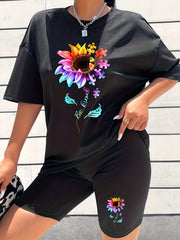 2pcs Sunflower Crew Neck Sports Set Women's Activewear