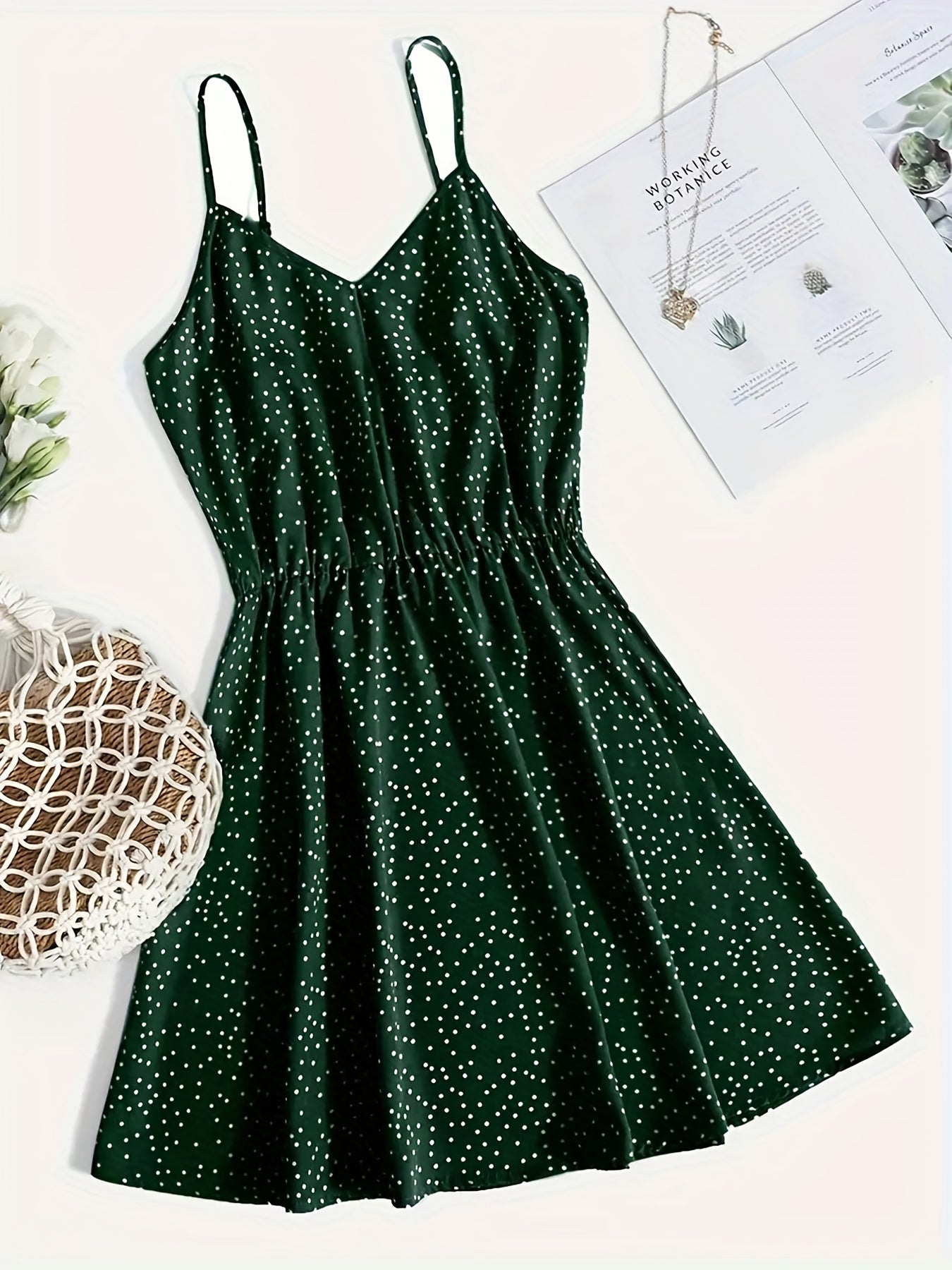 Pin Dot Print Spaghetti Strap Dress Sexy Slim Waist V Neck Summer Dress