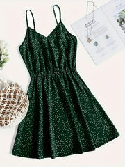 Pin Dot Print Spaghetti Strap Dress Sexy Slim Waist V Neck Summer Dress