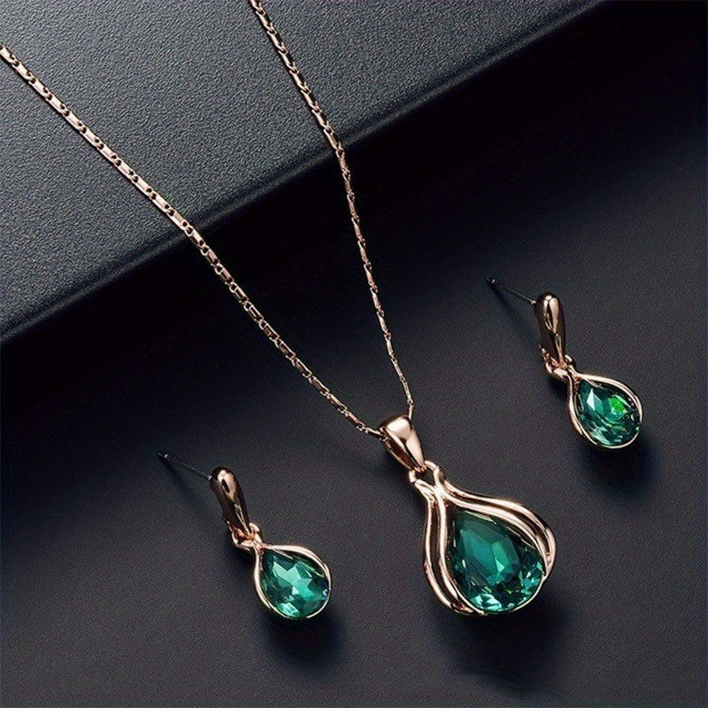 Water Drop Shape Green/Crystal Pendant Necklace Earrings Set