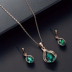 Water Drop Shape Green/Crystal Pendant Necklace Earrings Set