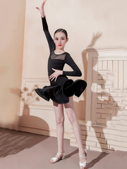 Girls Solid Crew Neck Long Sleeve Latin Dress for Dance Gymnastics Performance