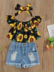 Girls Off Shoulder Sunflower Top & Denim Shorts Set for Summer