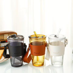 450ml Straw Glass Cup with Lids & Holder - Portable Water Cup