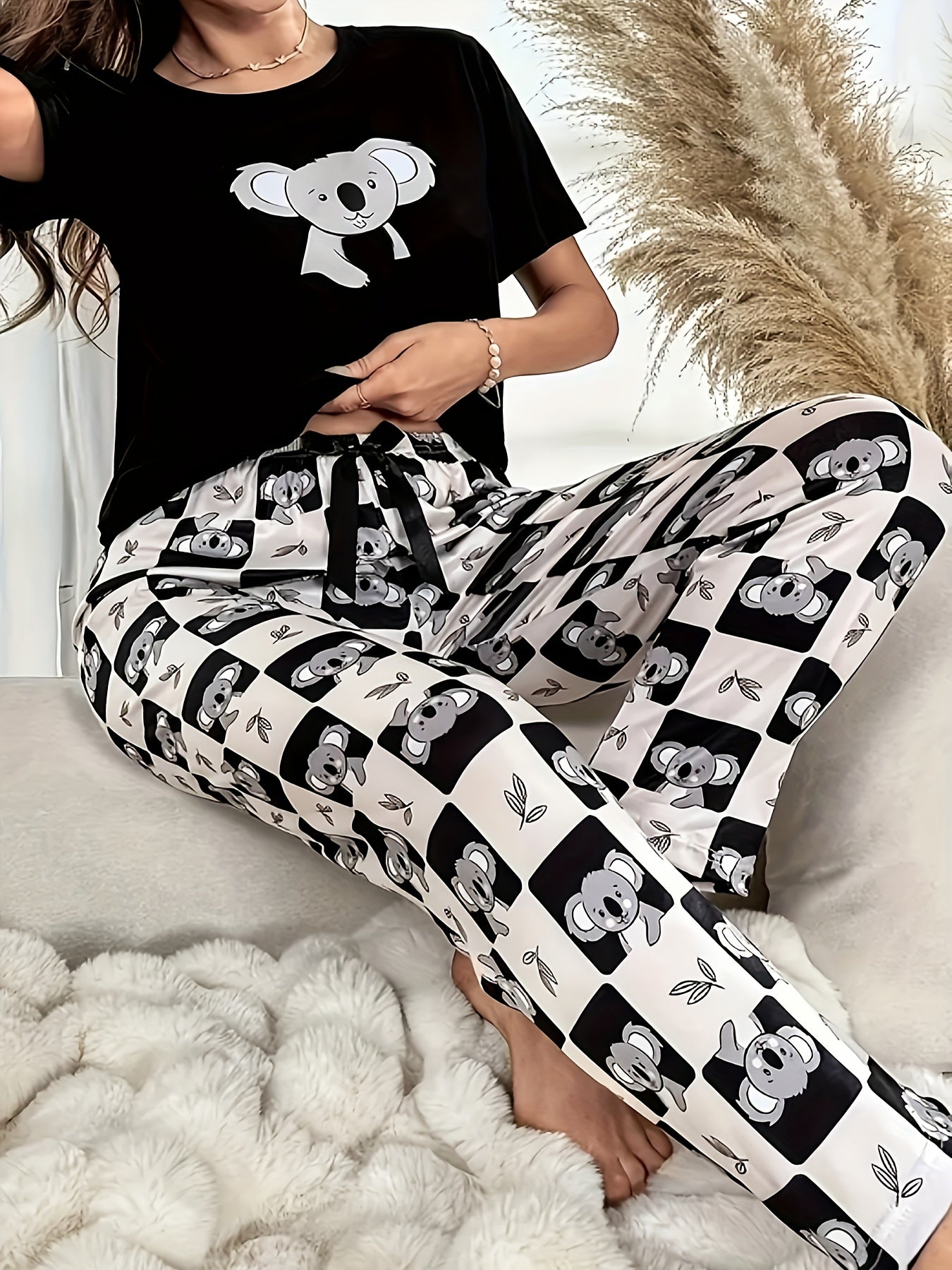 Koala & Checkered Print Tee & Pants Lounge Set