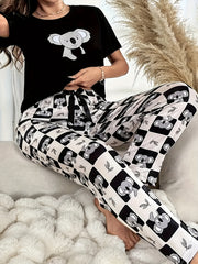 Koala & Checkered Print Tee & Pants Lounge Set