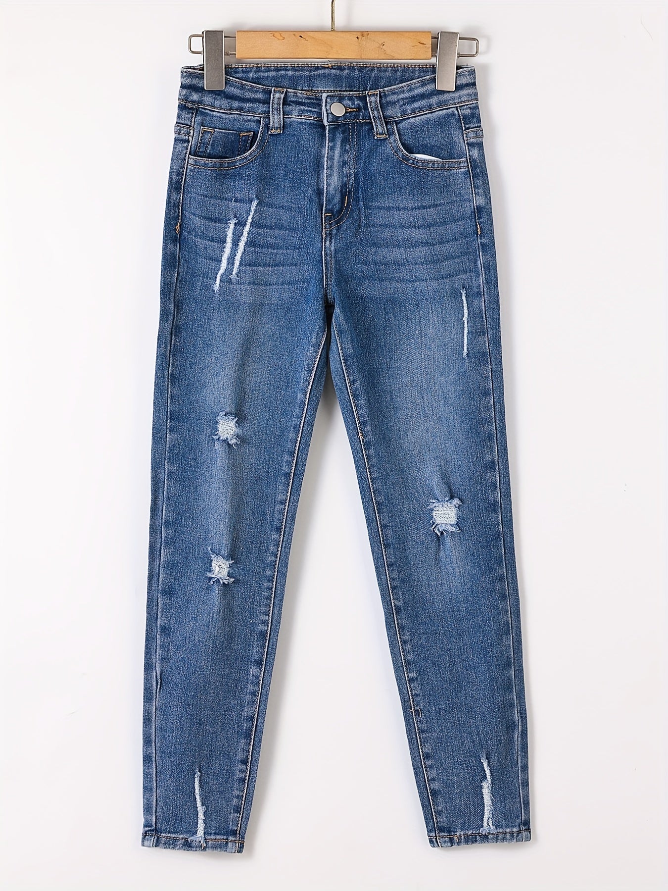 Girls Ripped Stretch Skinny Jeans Street Outfit