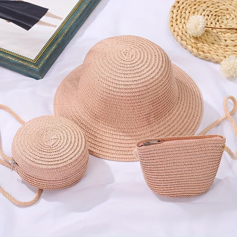 Kids Straw Crossbody Bag and Seaside Hat Set