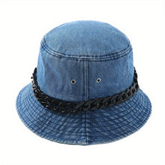 Y2K Denim Bucket Hat Washed Packable Basin Hat Chain Decor Casual Sunscreen