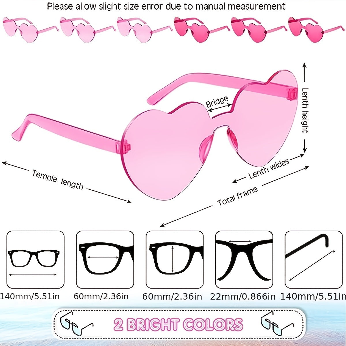 6pcs Rimless Heart Shaped Sunglasses Transparent Candy Eyewear