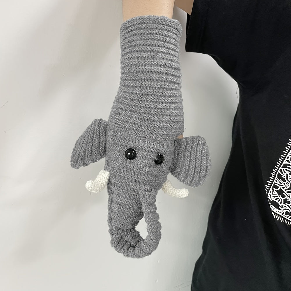 Cartoon Elephant Embroidery Wool Knitted Warm Mittens