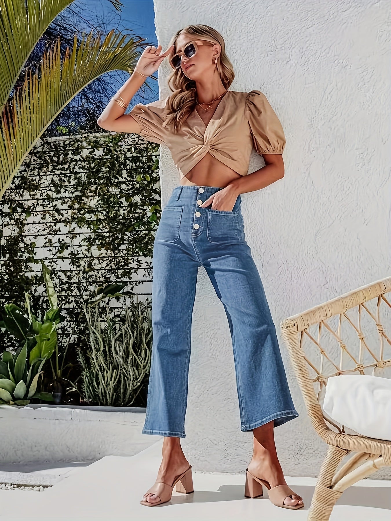 Cropped Jeans Button Fly Loose Fit Straight Leg Denim Pants