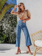 Cropped Jeans Button Fly Loose Fit Straight Leg Denim Pants